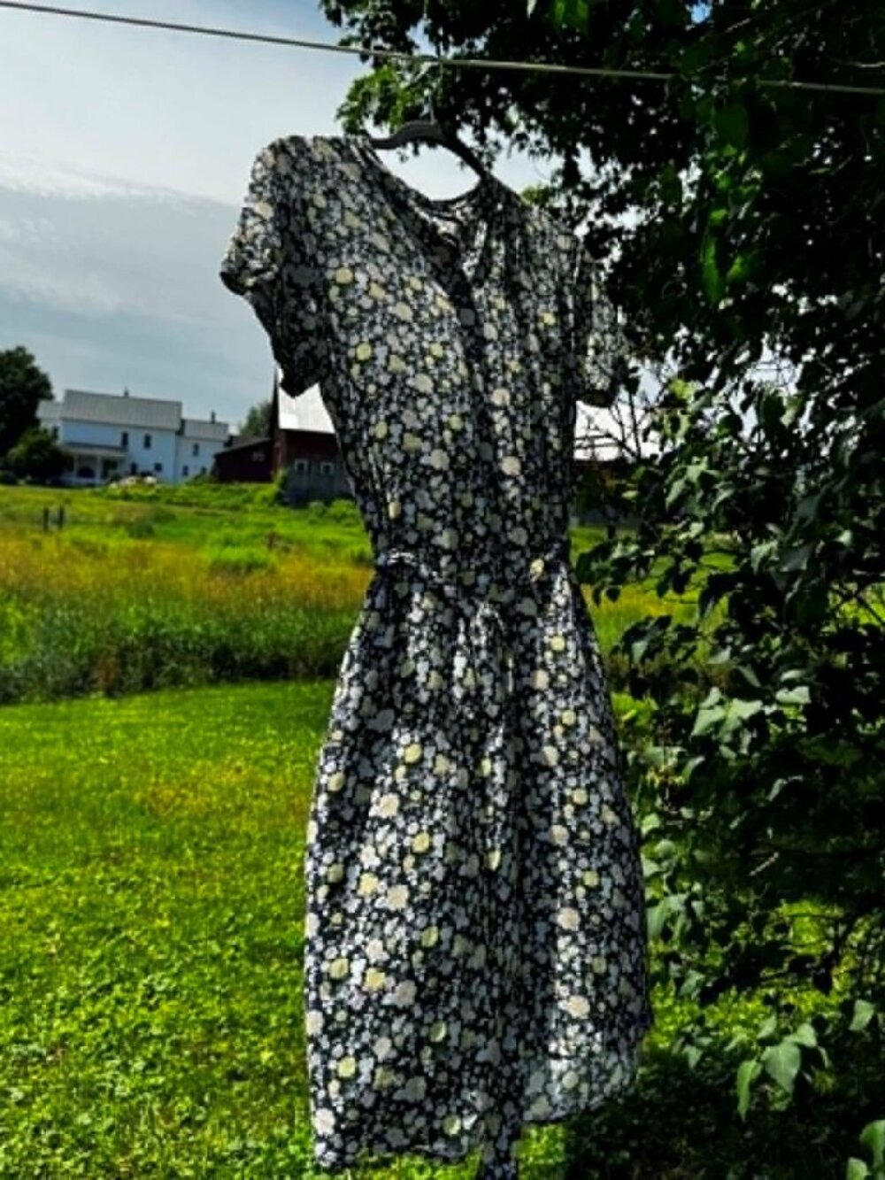 LOFT Green Floral Tie Waist Dress Women's Short Sleeve